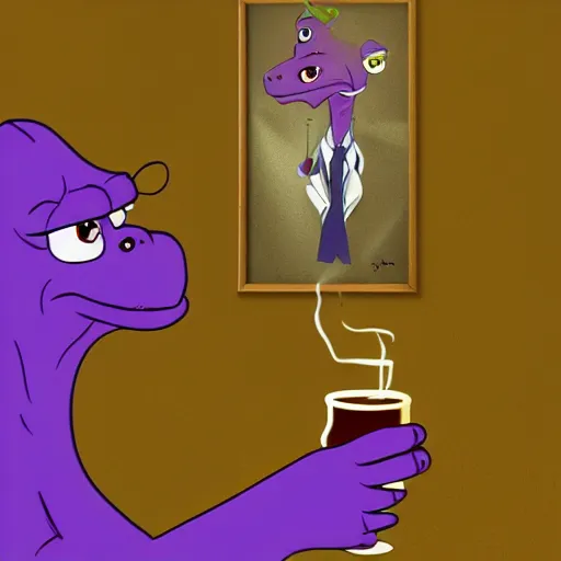 Prompt: barney the purple dinosaur from kids show drinking whisky at a bar and smoking a cigar, portrait art, digital art, trending on artstation