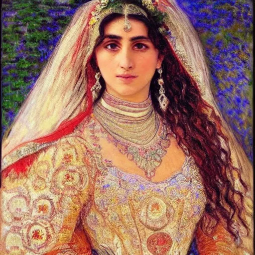 Image similar to full body portrait of a beautiful Kurdish bride wearing a beautiful wedding dress, very detailed eyes, hyperrealistic, beautiful and symmetrical face, very detailed painting by Claude Monet and Alphonse Mucha, ornate, trending on artstation, extremely high detail, incredibly intricate, claude monet