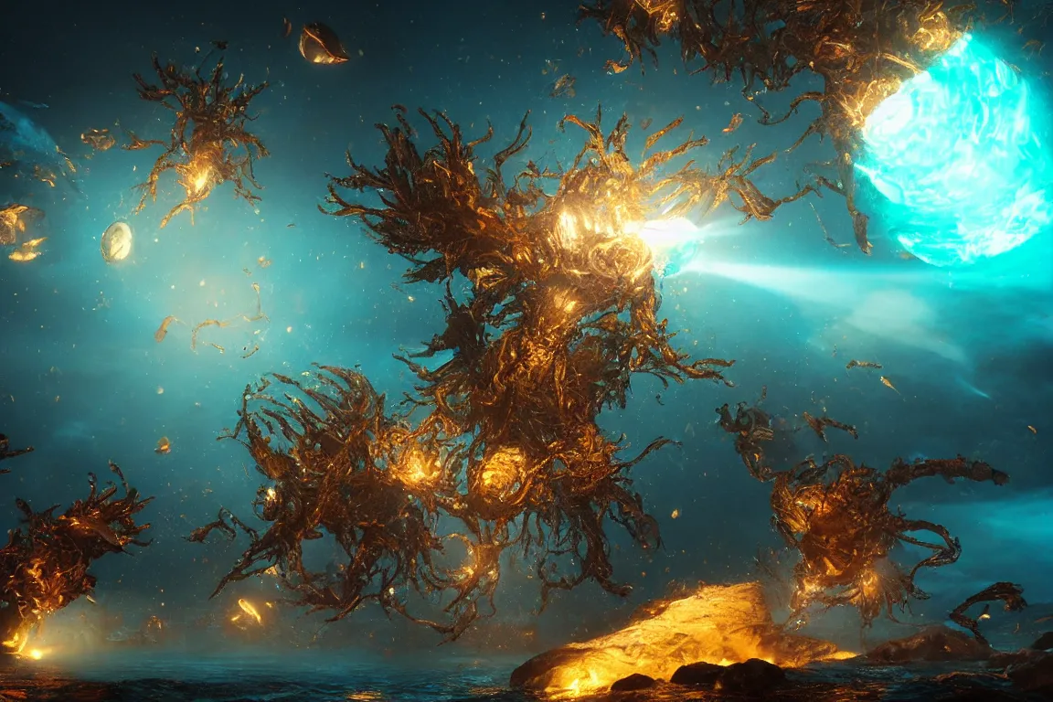 Image similar to colossal shaman gods destroying very living thing in the ocean, cast across the night sky, 8 k, ultra realistic, lens flare, atmosphere, glow, detailed, intricate, full of colour, cinematic lighting, trending on artstation, 4 k, hyperrealistic, focused, extreme details, unreal engine 5, cinematic, masterpiece