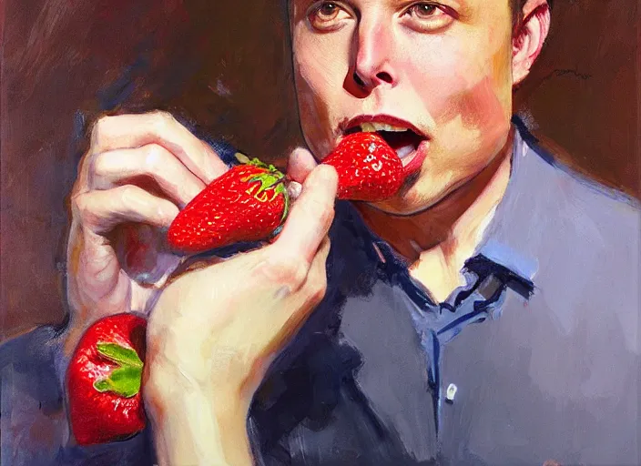 Image similar to a highly detailed beautiful portrait of elon musk eating strawberry by gregory manchess, james gurney, james jean