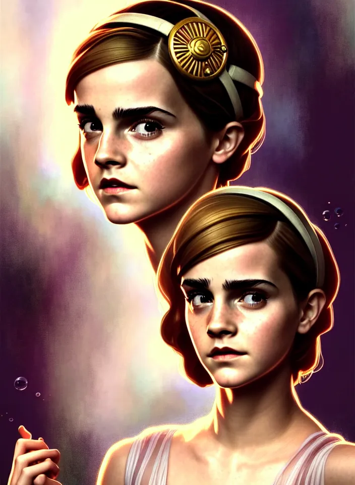 Image similar to symmetry!! face portrait of a young emma watson from bioshock, vintage dress, glowing headband!! underwater atmosphere, intricate, serene, highly detailed, digital painting, artstation, symmetric concept art, smooth, sharp focus, illustration, art by artgerm and greg rutkowski and alphonse mucha, 8 k