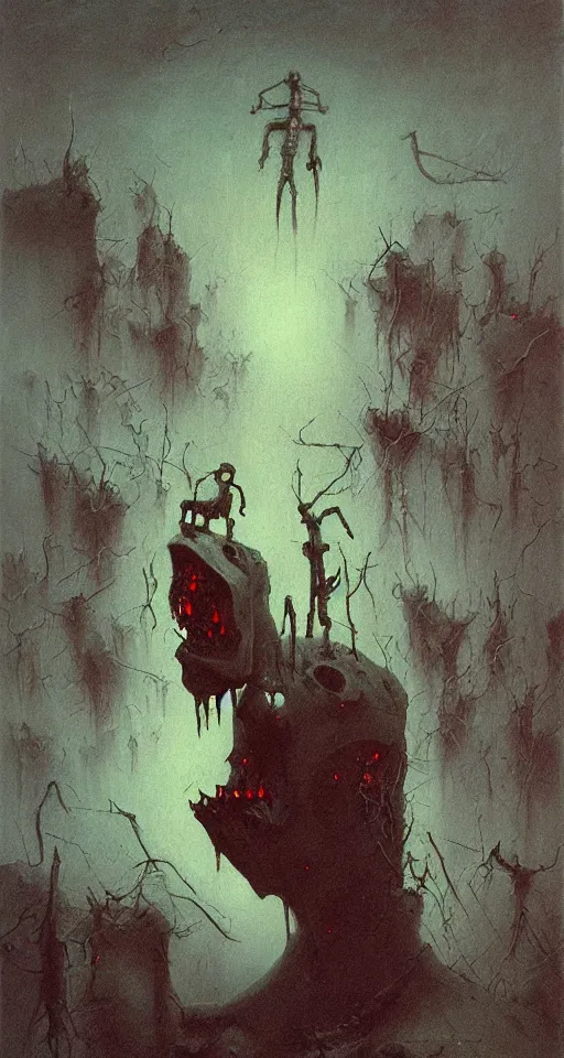 Prompt: Painting in a style of Beksinski featuring a giant robotic monster yelling in the dark, creepy, pain, suffering in the background