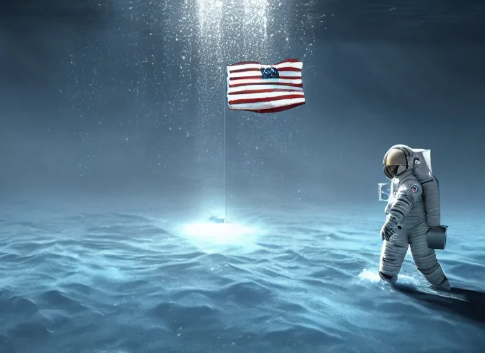 Image similar to astronaut underwater putting a flag in the sand of the bottom of the ocean. in the background, a submarine is visible. dark, concept art, cinematic, dramatic, atmospheric, 8 k, trending on artstation, zack snyder