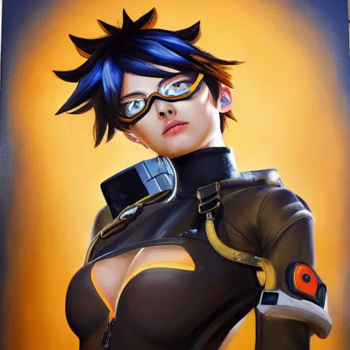 Image similar to oil painting of tracer overwatch in a field wearing very large black leather belt choker collar around neck, in style of mark arian, expressive face, very detailed face, very detailed eyes, belt around neck, full body, feminine face, tracer overwatch,