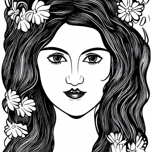 Image similar to a pretty elegant women's face in one line art style with flowers, Vika levina, Continuous line art in minimalistic style for prints