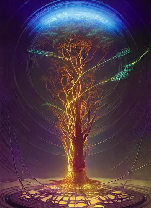 Prompt: high depth, collective civilization tree, calm, healing, resting, life, hybrids, scifi, glowing lights!!, published concept art, mixed medias, image overlays, sharp focus, thin glowing wires, winning illustration, art by greg rutkowski and alphonse mucha, singularity!!!, 3 6 0 projection