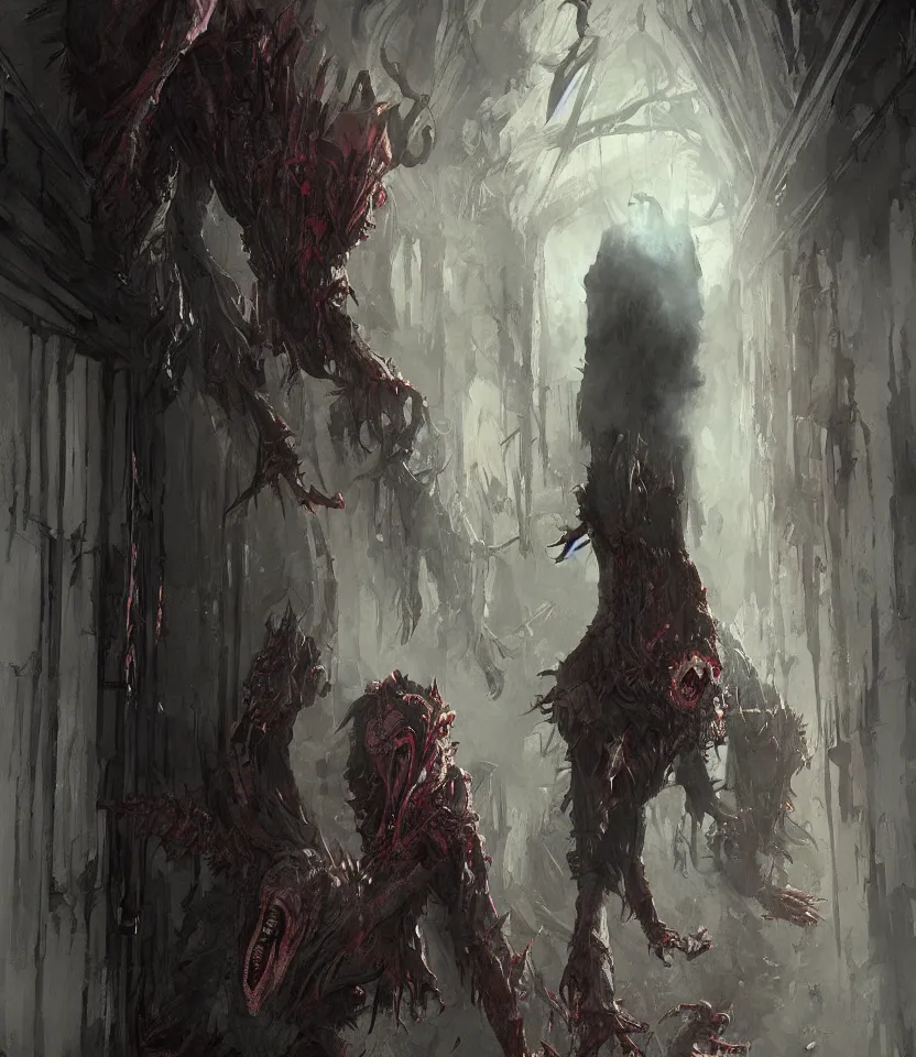 Prompt: a monstrous vampire stoops to enter the hallway of a victorian house by greg rutkowski and piotr jablonski and george goodwin kilburne, artstation creature concept art, vibrant colours
