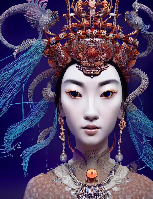 Prompt: 3 d goddess close - up profile portrait with crown, ram skull. beautiful intricately detailed tribal japanese crow kitsune mask and clasical japanese kimono. betta fish, jellyfish phoenix, bio luminescent, plasma, ice, water, wind, creature, artwork by tooth wu and wlop and beeple and greg rutkowski