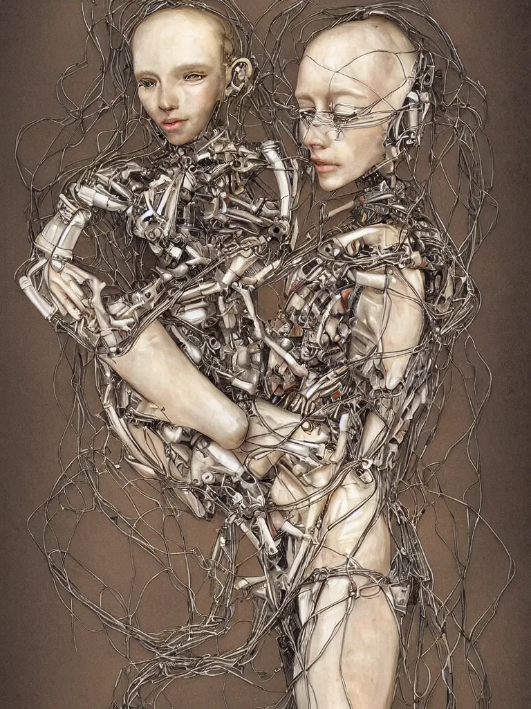 Image similar to portrait of a beautiful female android robot holding a sleeping fox in her arms, there are wires coming from her heart, tangled and entwined with her long flowing hair, mecha, biopunk, skeletal, bones, by Kenne Gregoire