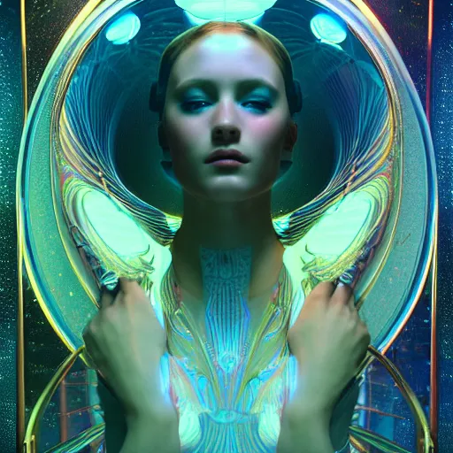 Prompt: a beautiful female machine droid in ocean waves of glossy liquid stardust flowing like psychedelic soap bubble, lsd waves, lsd ripples, backlit, dramatic, refracted lighting, masterpiec volumetric lighting, 8 k octane, beautifully detailed render, post - processing, extremely detailed, intricate, epic composition, cinematic lighting, scifi art nouveau by collier. alphonse mucha