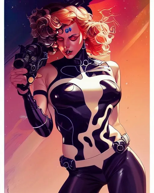 Image similar to artgerm, joshua middleton and sandra chevrier comic cover art, full body pretty female space pirate, symmetrical eyes, symmetrical face, long curly hair, beautiful, rim lighting, vivid colors