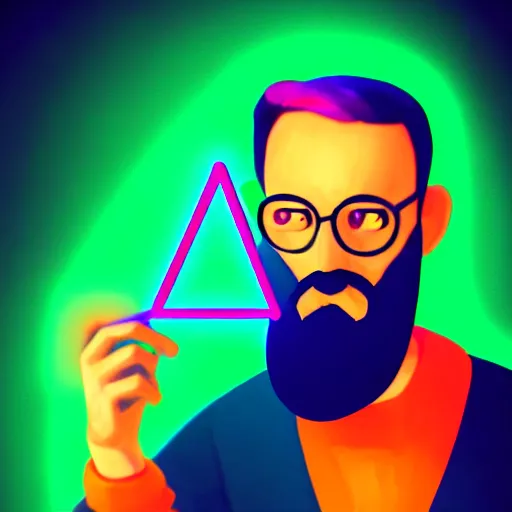 Image similar to Old mathematician with a beard holding a neon triangle in his hand , digital painting , digital art , artstation , devian art , HD , 4k