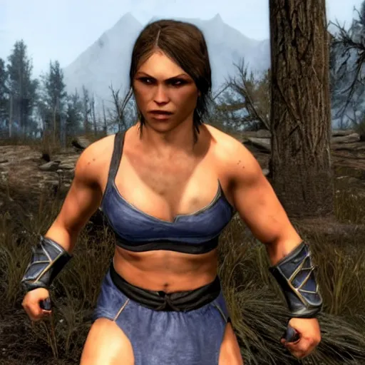 Prompt: character screenshot of ufc ronda rousey dc in skyrim, lydia armor, npc talking, wilderness, 1 0 8 0 p, bokeh, elder scrolls v, detailed, dialog text