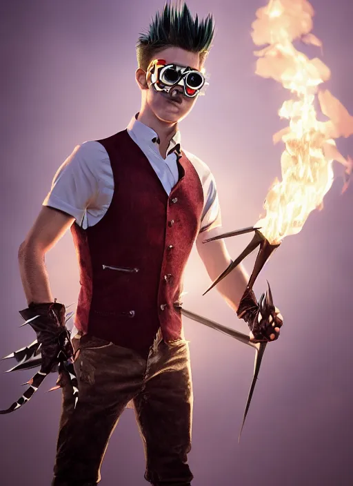 Image similar to An epic fantasy comic book style portrait painting of young man with long red spiked hair. Wearing a black waistcoat, white shirt, using googles. Blasting fire on his hands. Unreal 5, DAZ, hyperrealistic, octane render, cosplay, RPG portrait, dynamic lighting