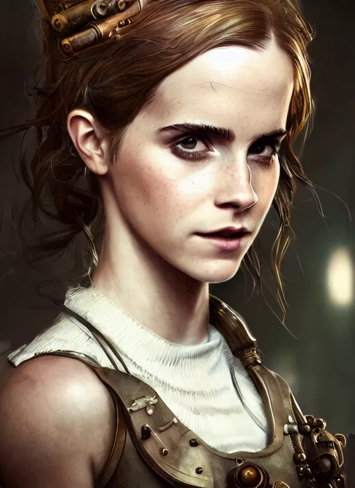 Image similar to steampunk biopunk portrait of emma watson, au naturel, hyper detailed, digital art, trending in artstation, cinematic lighting, studio quality, smooth render, unreal engine 5 rendered, octane rendered, art style by klimt and nixeu and ian sprigger and wlop and krenz cushart.