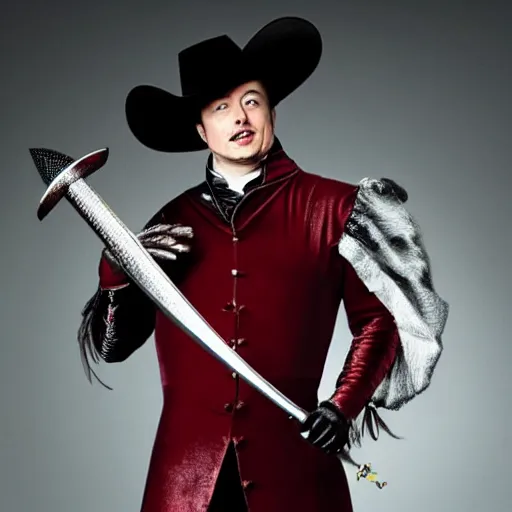 Image similar to photo of elon musk as a musketeer, he has a big black hat with a red feather and he is holding a shiny rapier sword