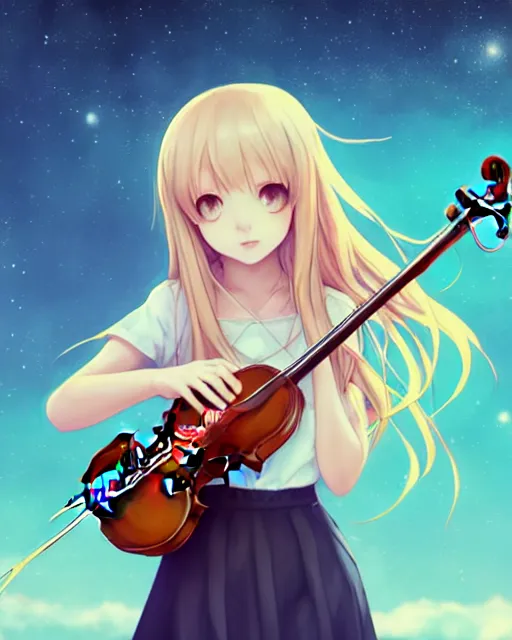 Image similar to teen, cute, melancholy, full body, cat girl, white skin, golden long wavy hair, holding a violin and playing a song, stunning art style, filters applied, lunar time, night sky, trending art, sharp focus, centered, landscape shot, fate zero, simple background, studio ghibly makoto shinkai yuji yamaguchi, by wlop