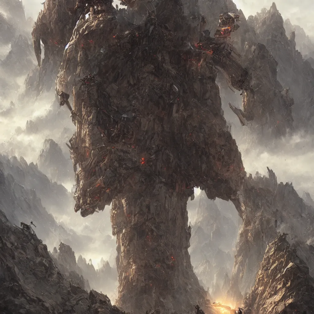 Image similar to a detailed portrait of a giant mechanical humanoid buried inside the mountains by Greg Rutkowski, Sung Choi, Mitchell Mohrhauser, Maciej Kuciara, Johnson Ting, Maxim Verehin, Peter Konig, final fantasy, Marco lense , 8k photorealistic, cinematic lighting, HD, high details, atmospheric , trending on artstation