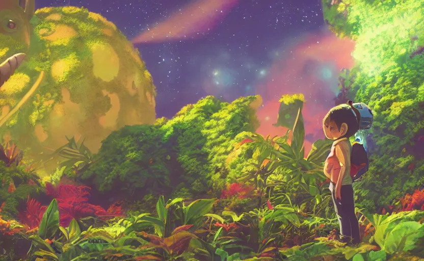 Image similar to a still of a cute adorable tiny astronaut, on a planet of lush colorful foliage, with an enormous kaiju dragon surrounding the full background, magical forest, sharp focus, neon backlit, highly detailed, disney pixar studio ghibli makoto shinkai, digital painting, matte, octane render, global illumination, iridescent, anime, 8 k concept art