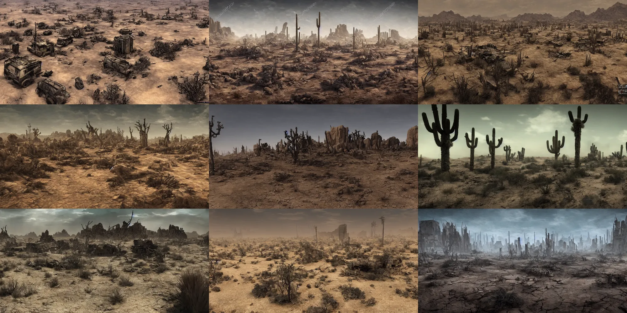 Prompt: post apocalyptic terrain in the desert. ominous, photorealistic,