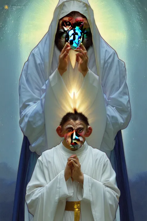 Prompt: bizantine icon portrait of a monkey dressed as a priest, radiant halo, blessing pose, by greg rutkowski and alphonse mucha, d & d character, gradient cyan to white, painted clouds background, highly detailed portrait, digital painting, artstation, concept art, smooth, sharp focus ilustration, artstation hq