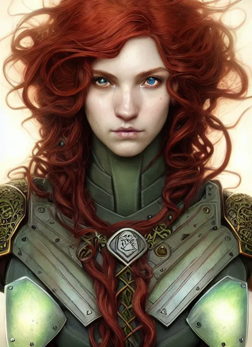 Image similar to ranger, light armor!!! long curly red hair!! covered chest!!! green eyes, fantasy, d & d, intricate ornate details, digital painting, pretty face!!, symmetry, concept art, sharp focus, illustration, art by artgerm! greg rutkowski magali villeneuve wlop! ilya kuvshinov!!, octane render