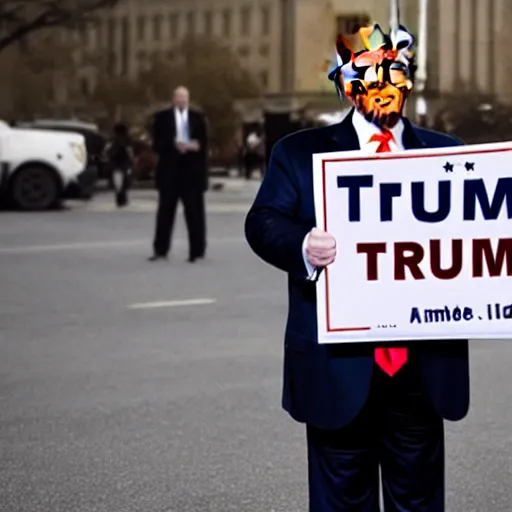 Image similar to a photo of Donald Trump holding a sign that says 'I hate signs !', cinematic