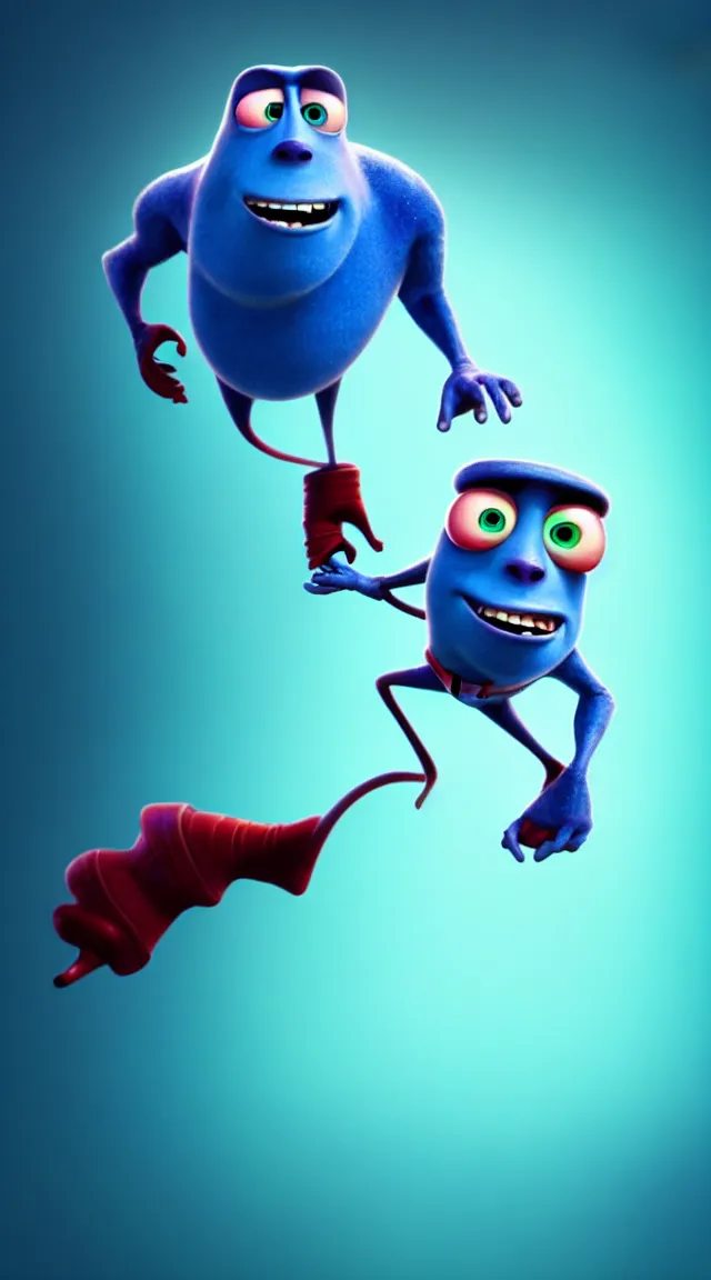 Prompt: a full studio shot of an airborne virus as a pixar character against a dark cyan backdrop. its cute, evil and adorable. hyper realistic photo, full color, upscale, 8 k.