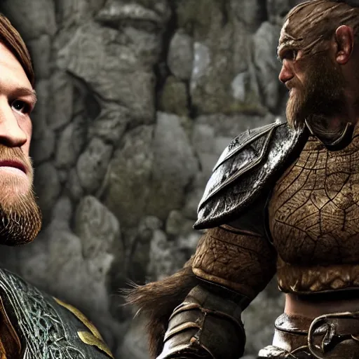 Image similar to character screenshot of conor mcgregor in skyrim, elf armor, ps 3 graphics, npc talking, wilderness, 1 0 8 0 p, bokeh, elder scrolls v, detailed, dialog text