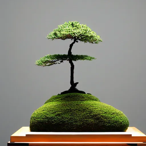 Prompt: This kinetic sculpture is composed of two rectangles of different sizes and colors, separated by a thin line. The bottom rectangle is larger and warmer in color. The top rectangle is smaller and lighter in color. The line that separates the rectangles creates a sense of tension and balance. A deep background provides a sense of depth and space. bonsai by John Bauer lively