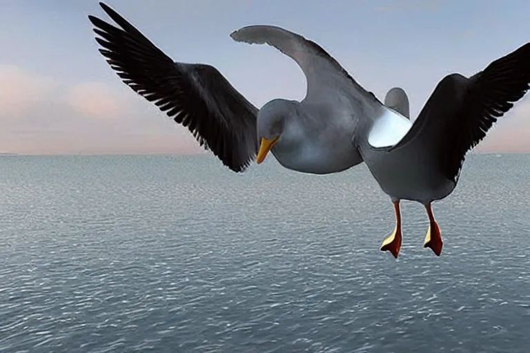 Image similar to giant seagull, human arms instead of wings, extremely realistic, extremely detailed