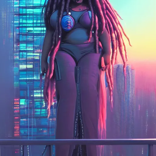 Prompt: a bbw black woman with pink dreadlocks sitting on top of a skyscraper in the cyberpunk city at sunset, by greg rutkowski and android jones and Alena Aenami in a surreal portrait style, oil on canvas, cyberpunk, vibrant color scheme, 8k