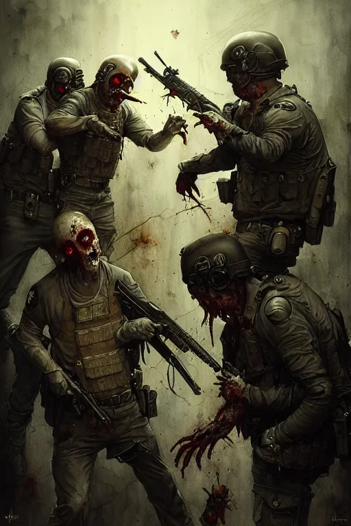 Prompt: swat fighting a zombie | esoteric symbolism | jean - baptiste monge, esao andrews, bastien lecouffe - deharme, tim jacobus, ken currie | ultra - detailed realism, soft cinematic lighting, hi - fructose, artstation, high - quality, ink watercolors wes anderson poster art