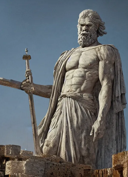 Image similar to colossal statue of an old king at the entrance of an ancient greek harbor, greg rutkowski, 8 k, shallow depth of field, intricate detail, concept art,