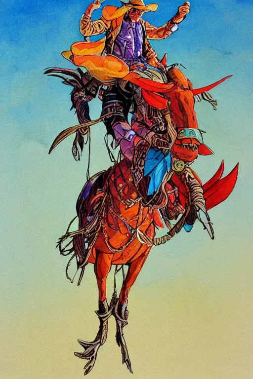 Image similar to illustration of cowboy riding a fantasy emu bird, scifi, art by jean giraud, moebius, juan gimenez, in watercolor gouache detailed paintings, in style of syd mead, colorful comics style, artstation