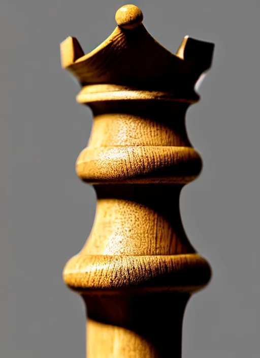 Image similar to ( queen chess piece chiseled from oak, sharp focus, photorealism, soft diffuse autumn lights, some sun light ray, dark room wall, canon 5 d 5 0 mm lens