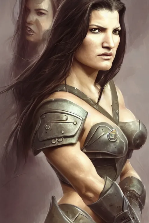Image similar to a finely detailed portrait of Gina Carano, clothed in battle armor, olive skin, long dark hair, beautiful bone structure, symmetrical facial features, intricate, elegant, digital painting, trending on Artstation, concept art, smooth, sharp focus, illustration, from World of Warcraft, by Ruan Jia and Mandy Jurgens and Artgerm and william-adolphe bouguerea, award winning