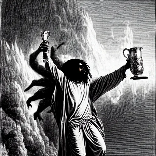 Prompt: cheef keef ascending into heaven holding cup of lean, biblical image, style of gustave dore, highly detailed, beautiful, high contrast, black and white