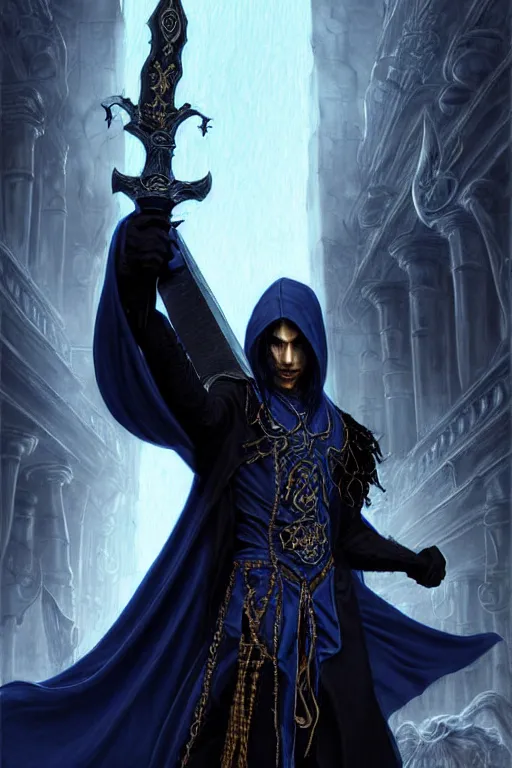 Image similar to raziel soul reaver casting the sword, long black hair blue eyes wearing leather mantle gothic navy cloak with gold details, nosgoth pillars, fantasy character portrait, ultra realistic, intricate, elegant, cinematic lighting, highly detailed, digital painting, artstation, smooth, sharp, focus, illustration, art by artgerm and greg rutkowski and alphonse mucha