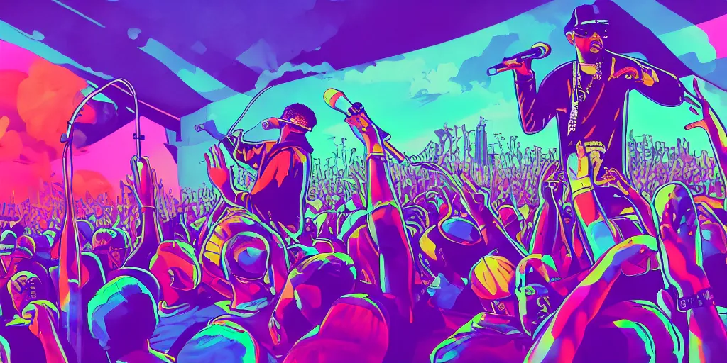 Image similar to rapper performing at huge festival holding microphone, epic angle, digital art, vaporwave, psychedelic, surreal, hip hop, trending on Artstation, professional artist, detailed, 4k