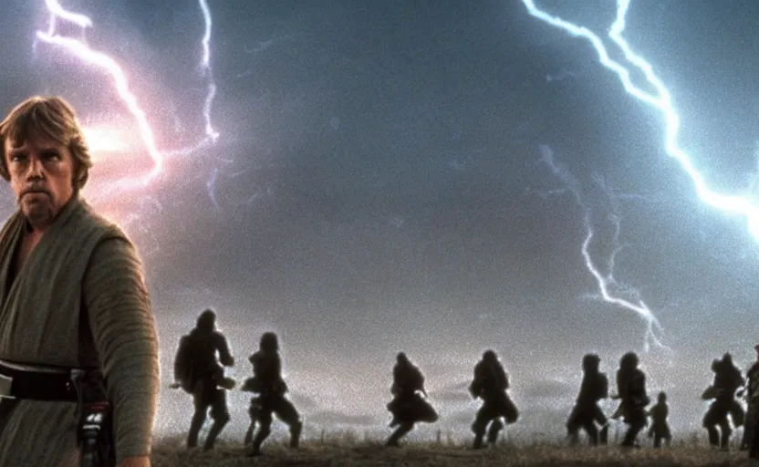 Prompt: screenshot portrait of Luke Skywalker in a windy lightning battlefield with scattered ruins of a fiery jedi rock temple, surrounded by giant AT-AT walkers, with young jedi army behind him, iconic scene from 1970s film by Stanley Kubrick, last jedi, 4k HD, cinematic lighting, beautiful portrait of Mark Hammill, moody scene, stunning cinematography, mcu effects, anamorphic lenses, kodak color film stock