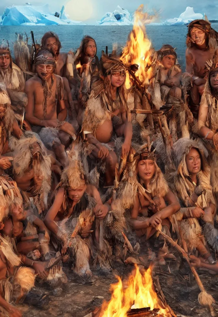 Prompt: realistic bonfire tribe gather with a pregnant woman as her leader, intense blue eyes, realistic, antartica