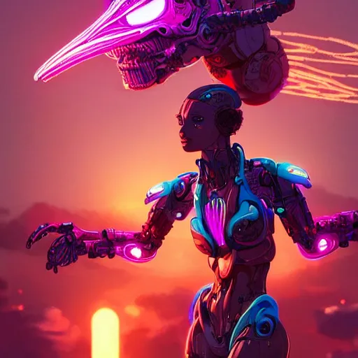 Image similar to a beautiful digital artwork of a neon glowing cyborg phenix with robotic mech parts by artgerm, tooth wu, dan mumford, beeple, wlop, rossdraws, james jean, marc simonetti. intricate, epic lighting, cinematic composition, hyper realistic, 8 k resolution, unreal engine 5