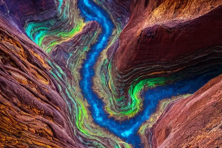 Image similar to photo from the edge of a huge canyon on an alien world, bizarre and beautiful geographical features, stunning iridescent clouds, ferrofluid oceans, professional nature photography