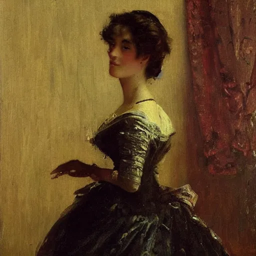 Image similar to a young woman at the ball by alfred stevens