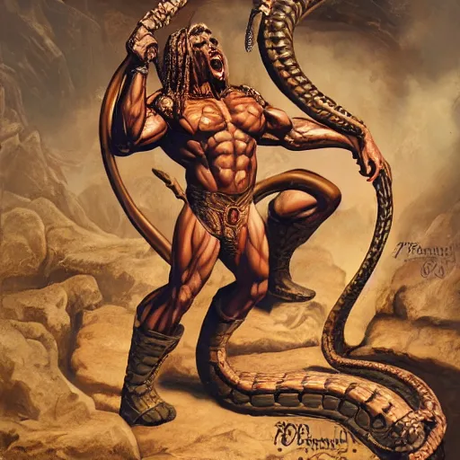 Image similar to serpent - man berlusconi warlord wearing bronze age clothing, bodybuilder snake, anatomical, horrific background symmetrical, zoom out, high quality, high definition, 8 k, photograph photorealistic by frank frazetta