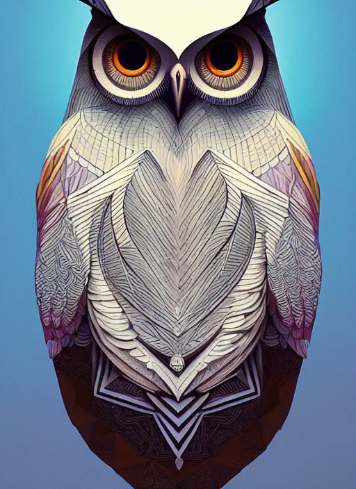 Image similar to portrait of a geometric owl, identical eyes, medium shot, illustration, full body made of white feathers, symmetrical, art stand, super detailed, cinematic lighting, and its detailed and intricate, gorgeous, by peter mohrbacher