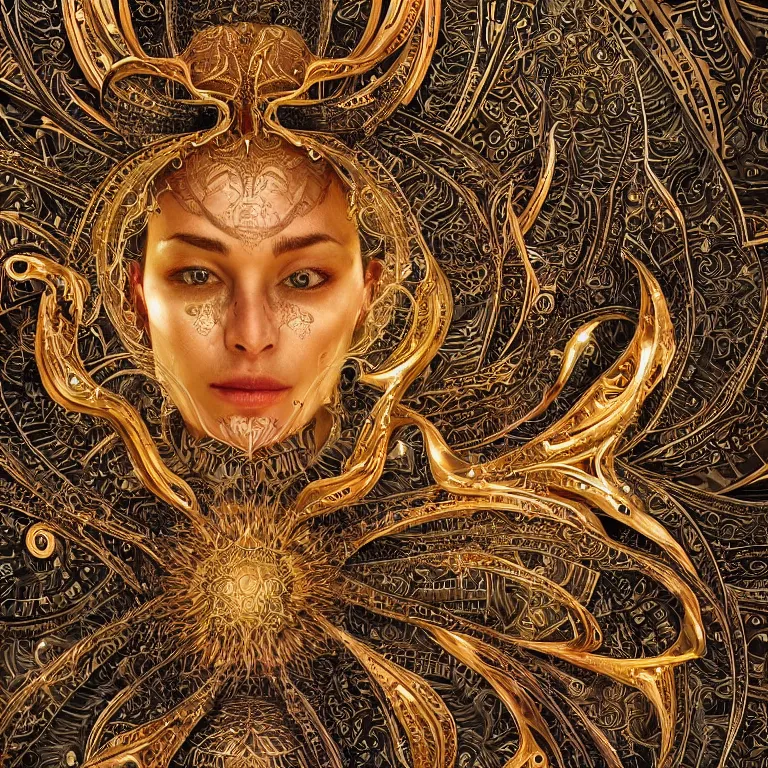 Prompt: octane render portrait by wayne barlow and carlo crivelli and glenn fabry, a high - end chrome android with intricate gold and silver detailing in the style of henna face tattoos, inside a complex mandala pattern made out of colorful flames, volumetric lighting and light rays, cinema 4 d, ray traced lighting, very short depth of field, bokeh
