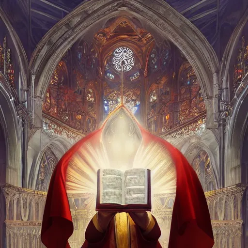 Image similar to a Priest holding up the gospel of Emad in a beautiful cathedral, highly detailed, digital painting, artstation, concept art, smooth, sharp focus, illustration, Unreal Engine 5, 8K, art by artgerm and greg rutkowski and alphonse mucha