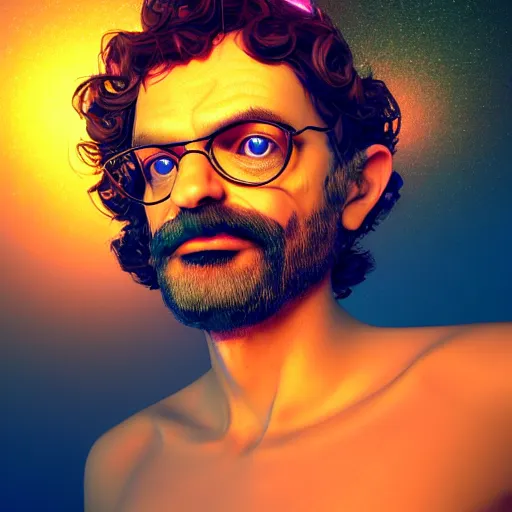 Image similar to terence McKenna posing seductively with psychedelic mushrooms, psychedelic, fractal, cinematic lighting, dramatic, octane render, full body, trending on artstation, perfect facial symmetry, bokeh, 8k, intricate, hyper detailed
